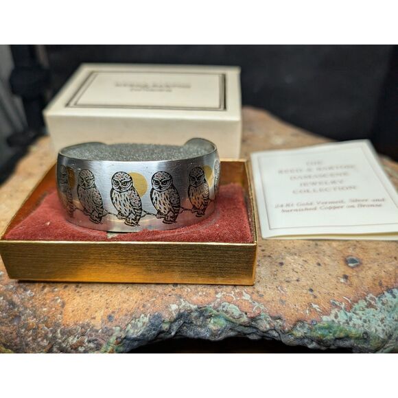 Reed & Barton Damascene Owl Bracelet 24Kt Gold Vermeil,Silver & Copper on Bronze - Picture 1 of 7